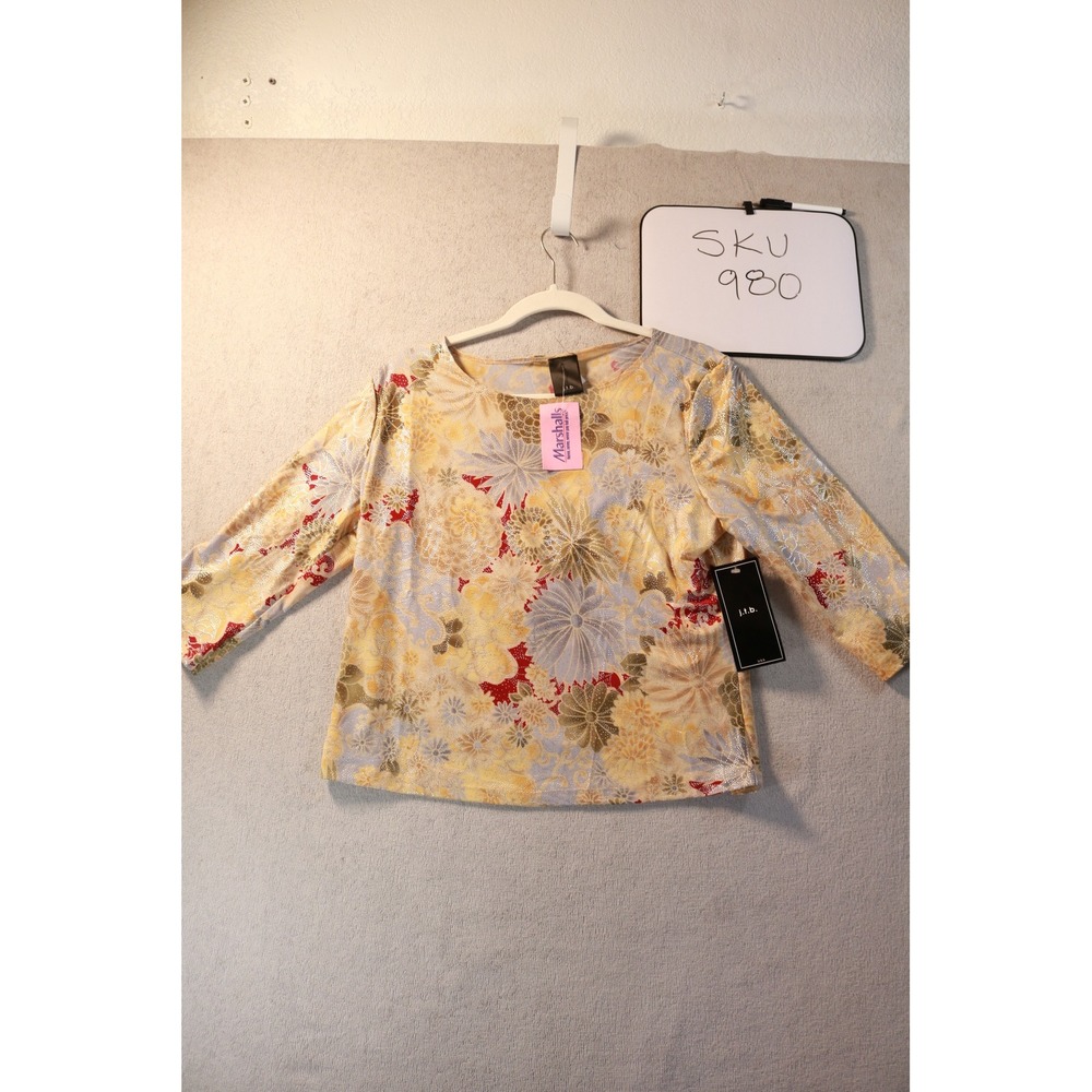 j.t.b. Top Womens XL Yellow Floral 3/4 Sleeve Rhinestone Embellished Blouse